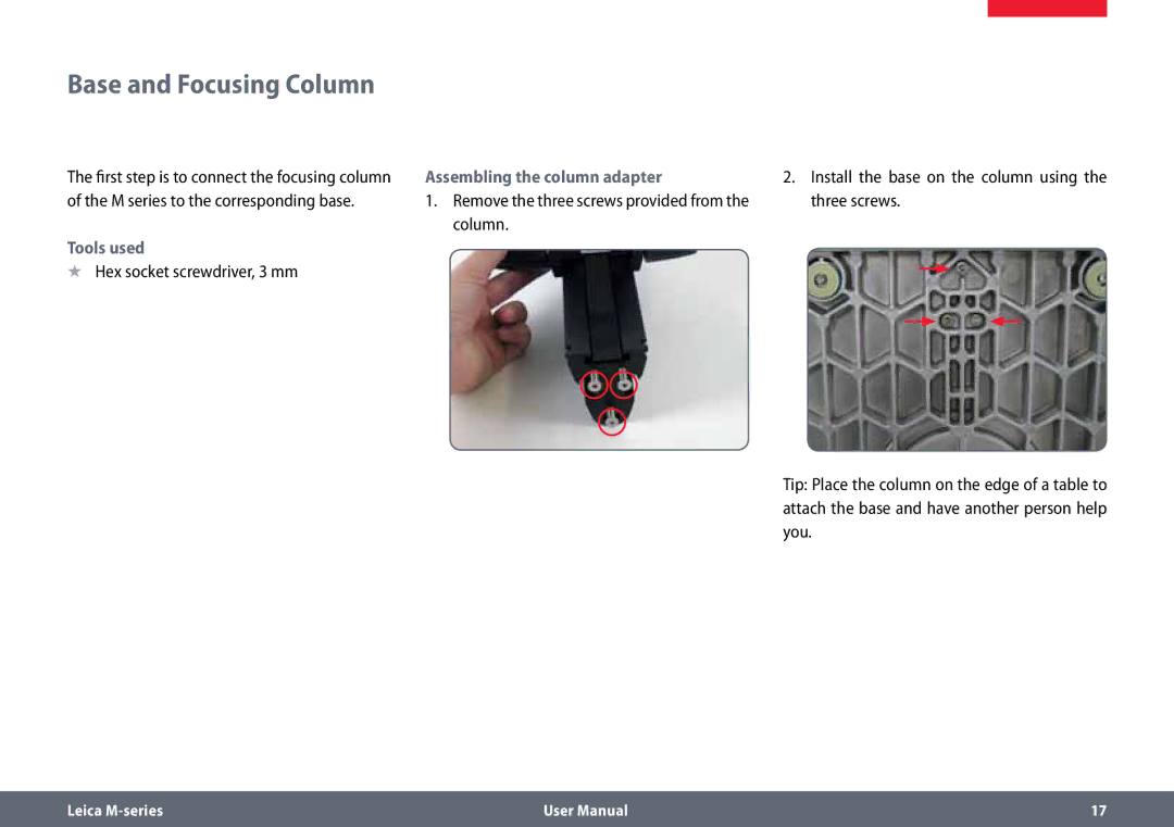 Leica M80, M60 user manual Base and Focusing Column, Assembling the column adapter, Tools used 