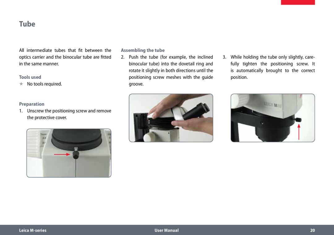 Leica M60, M80 user manual Tube, No tools required, Preparation, Assembling the tube 