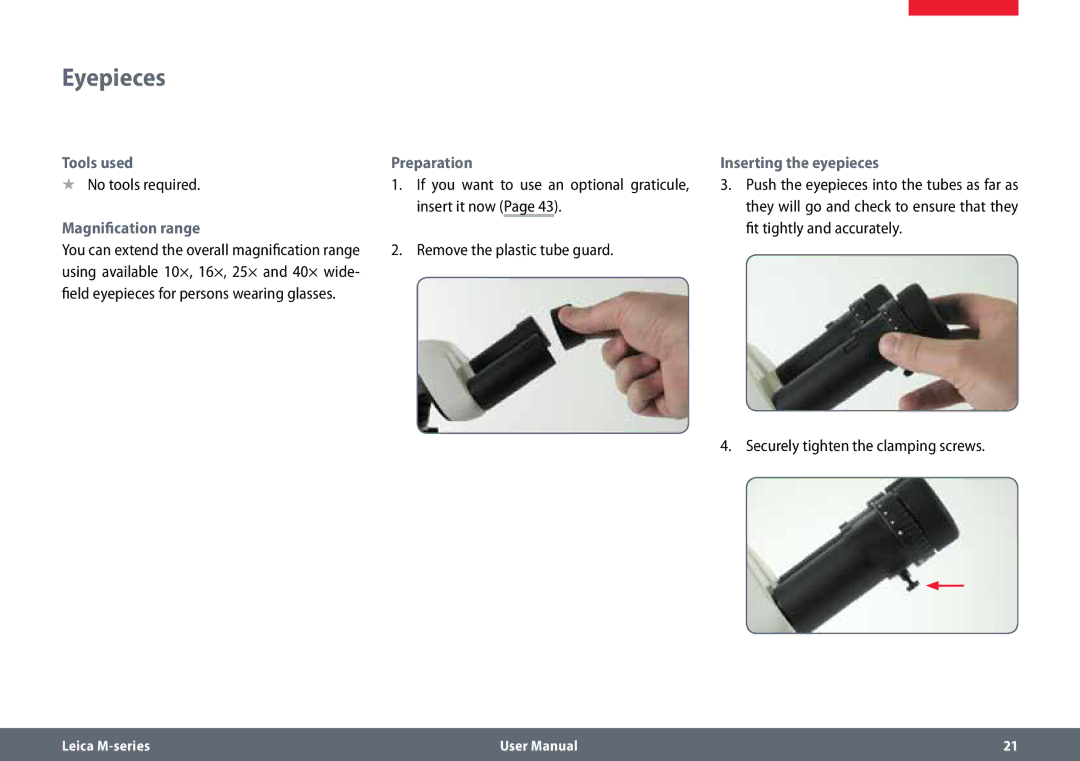 Leica M80, M60 user manual Eyepieces, Tools used Preparation, Magnification range 