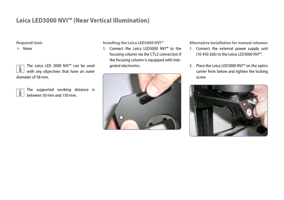 Leica M80, M60 user manual Leica LED3000 NVI Near Vertical Illumination, With any objectives that have an outer 