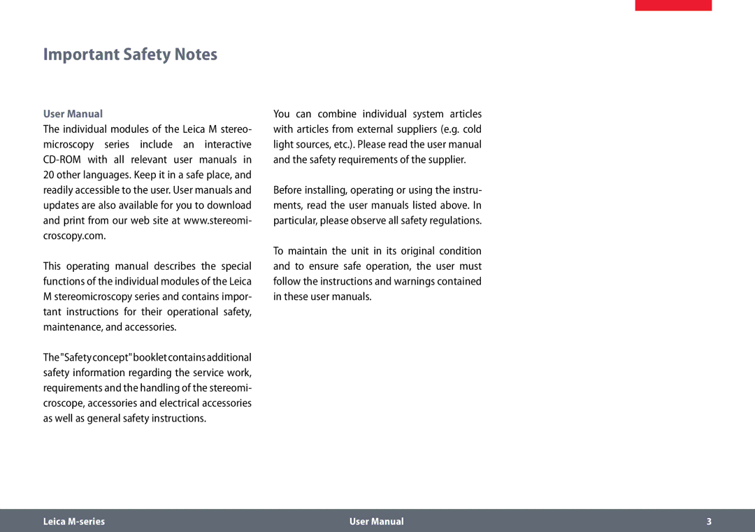 Leica M80, M60 user manual Important Safety Notes 