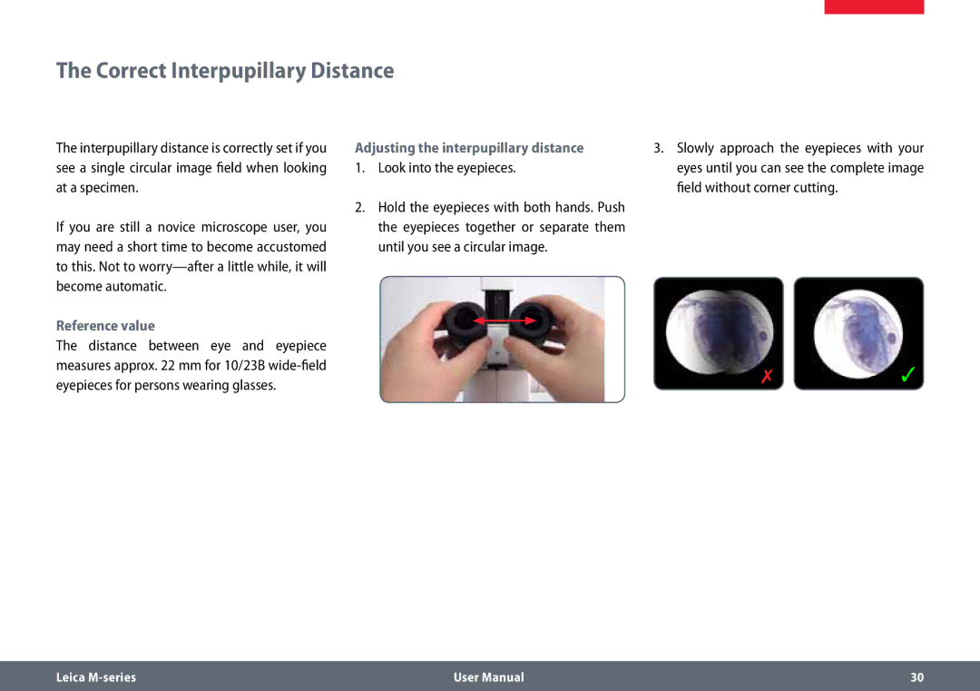 Leica M60 Correct Interpupillary Distance, Reference value, Adjusting the interpupillary distance, Look into the eyepieces 