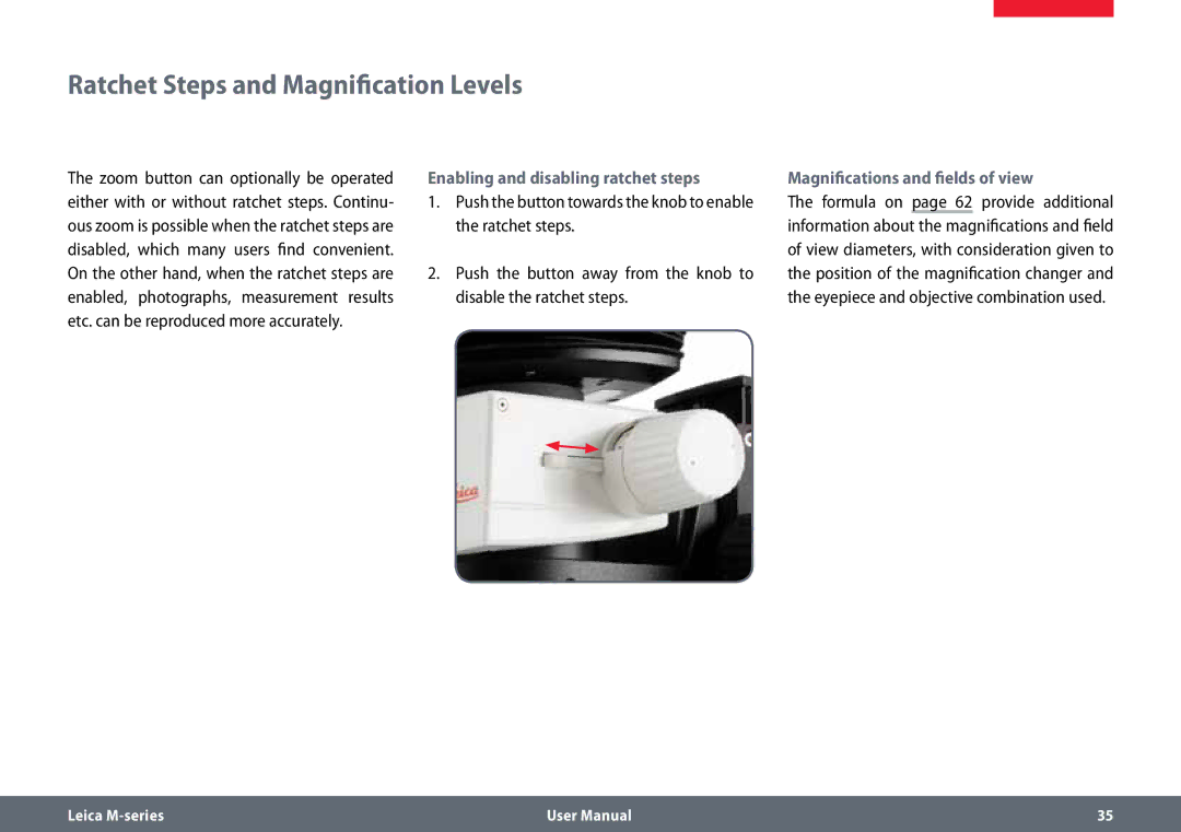 Leica M80 Ratchet Steps and Magnification Levels, Enabling and disabling ratchet steps, Magnifications and fields of view 