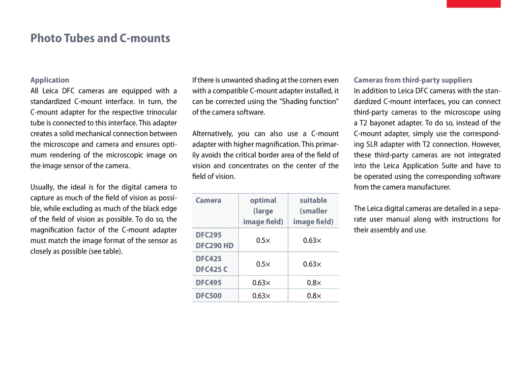 Leica M80, M60 user manual Photo Tubes and C-mounts, Application, Camera Optimal Suitable, DFC295 63× 