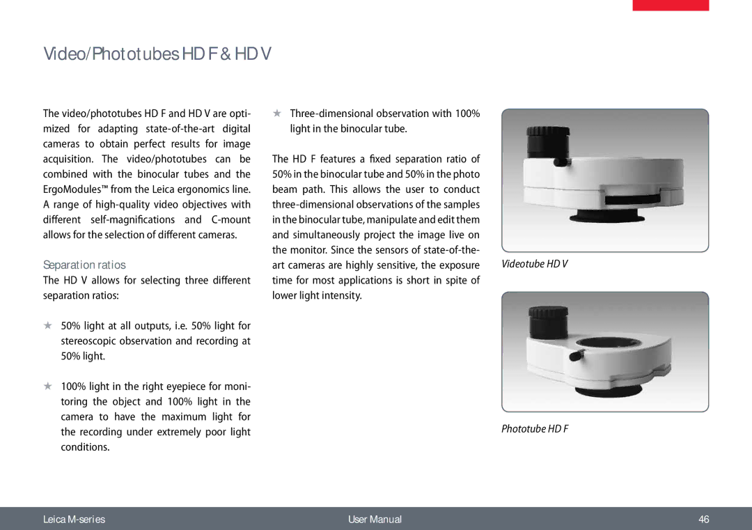 Leica M60, M80 user manual Video/Phototubes HD F & HD, Separation ratios 