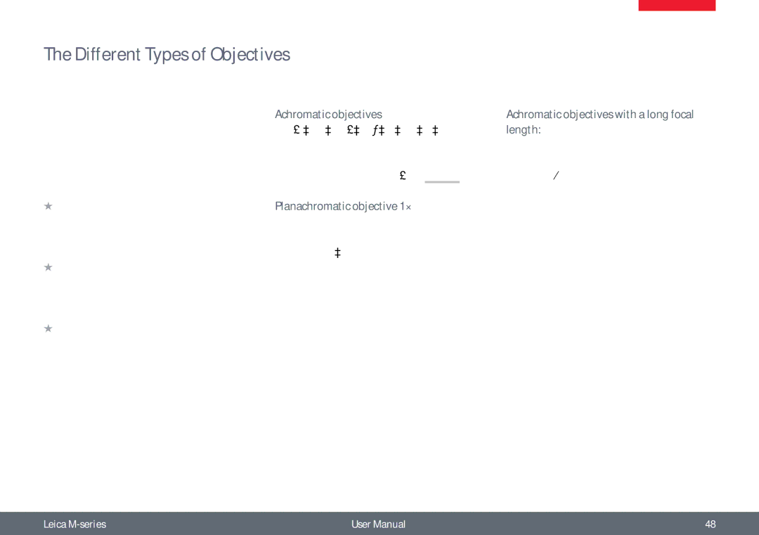 Leica M60, M80 user manual Different Types of Objectives, Achromatic objectives, Planachromatic objective 1× 