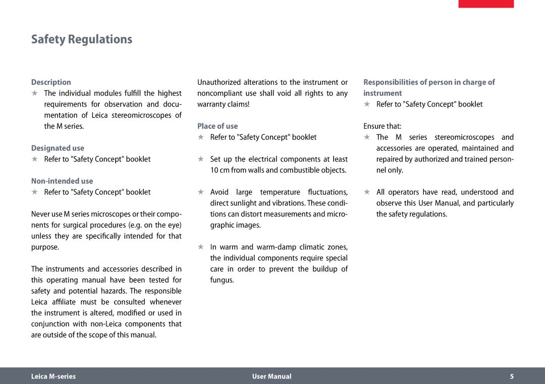 Leica M80, M60 user manual Safety Regulations, Description, Designated use, Non-intended use, Place of use 