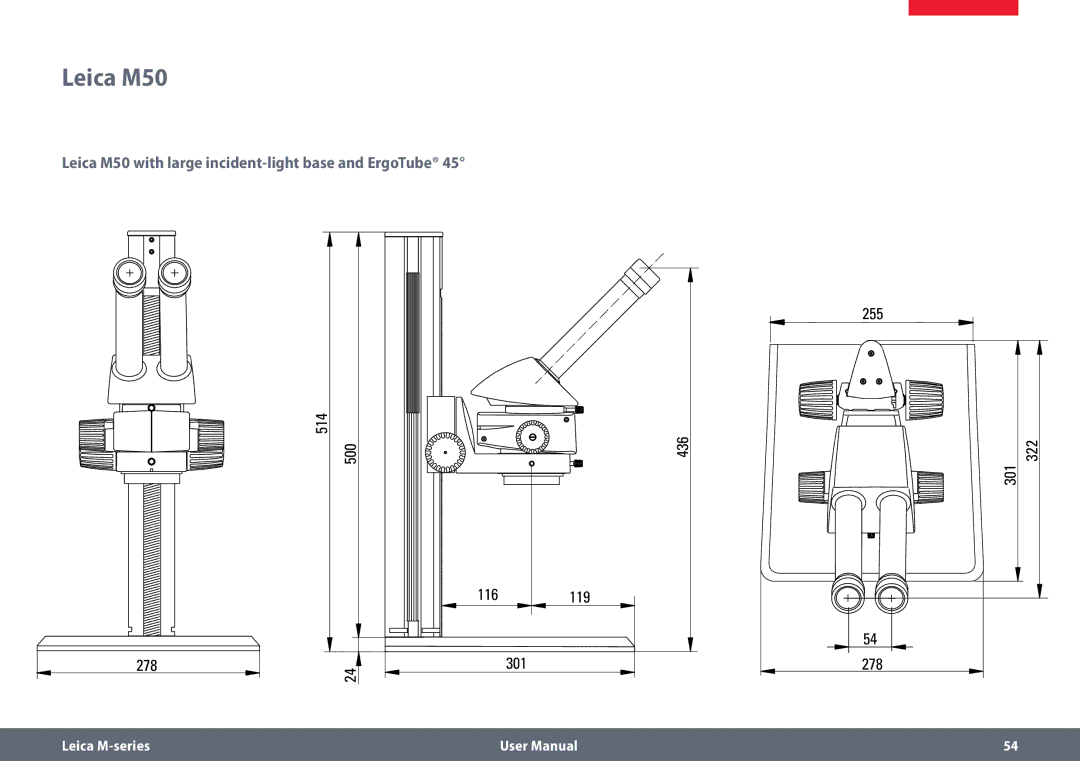 Leica M60, M80 user manual Leica M50 with large incident-light base and ErgoTube, 278 514 116 301 119 255 436 322 