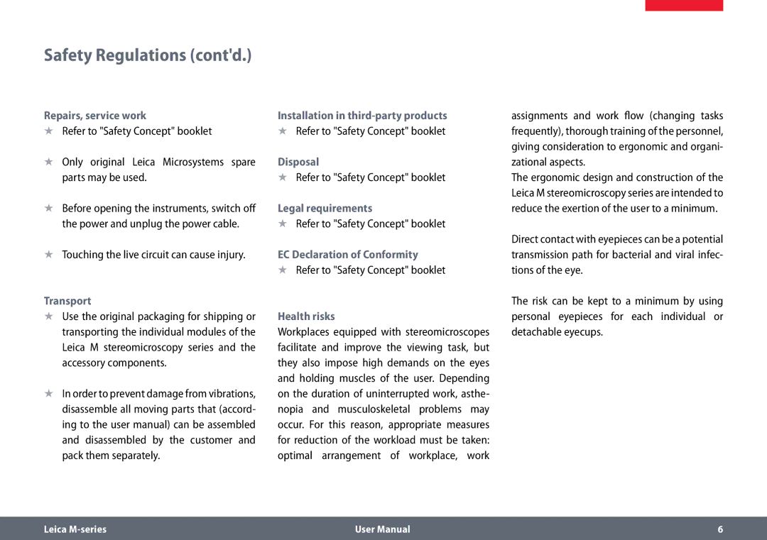 Leica M60, M80 user manual Safety Regulations contd 