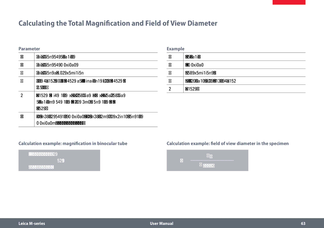 Leica M80, M60 user manual Parameter, Example, Calculation example magnification in binocular tube 