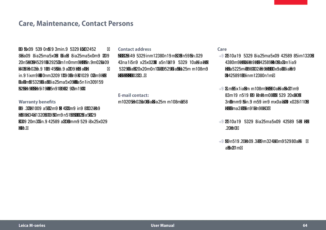 Leica M60, M80 user manual Care, Maintenance, Contact Persons, Contact address, Mail contact, Warranty benefits 