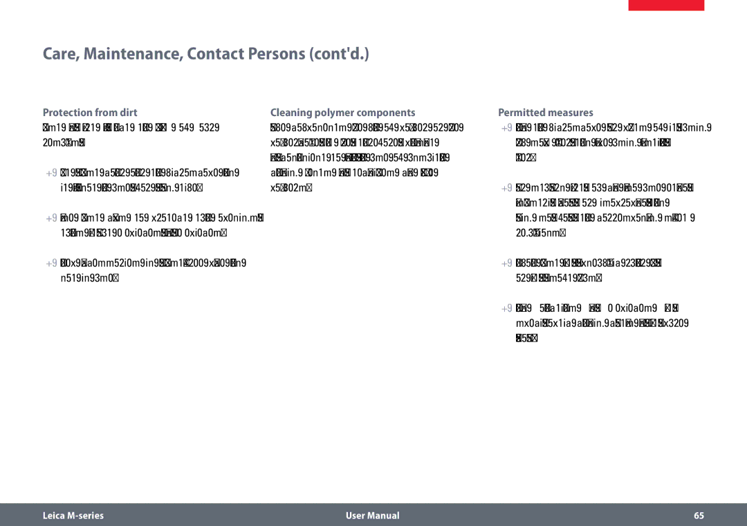 Leica M80 Care, Maintenance, Contact Persons contd, Protection from dirt, Cleaning polymer components, Permitted measures 