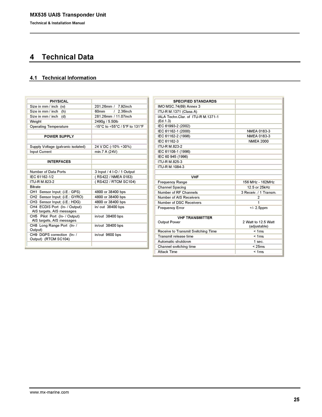 Leica MX535 manual Technical Data, Technical Information 