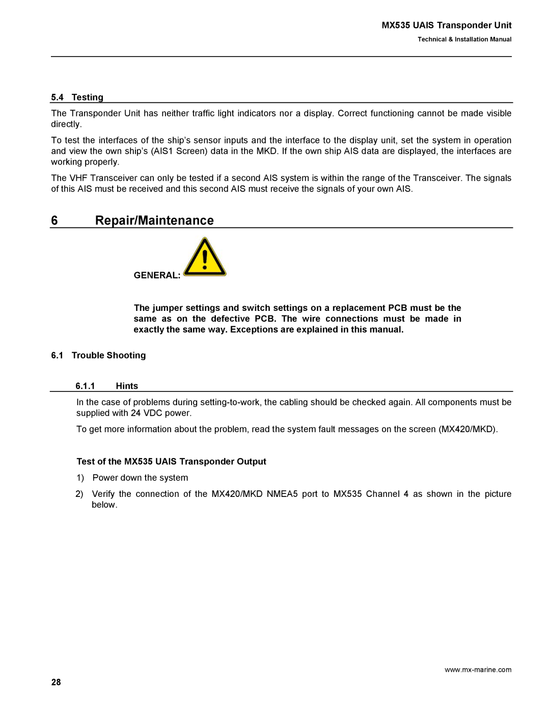 Leica manual Repair/Maintenance, Testing, Test of the MX535 Uais Transponder Output 