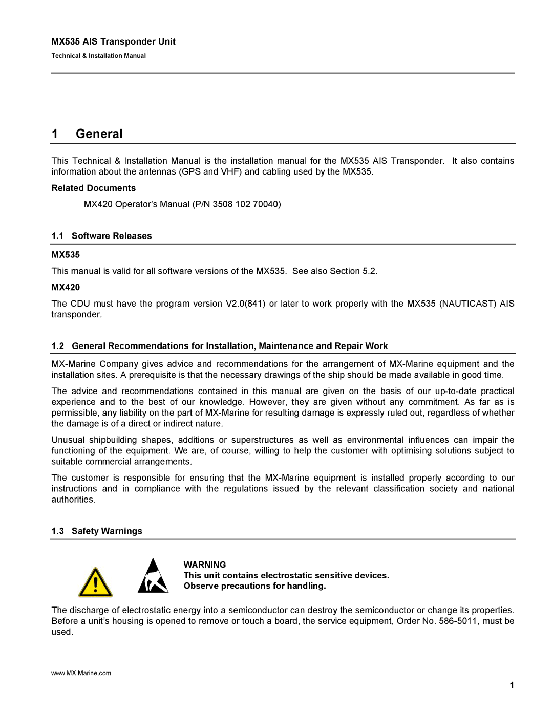 Leica manual General, MX535 AIS Transponder Unit, Related Documents, Software Releases MX535, MX420 