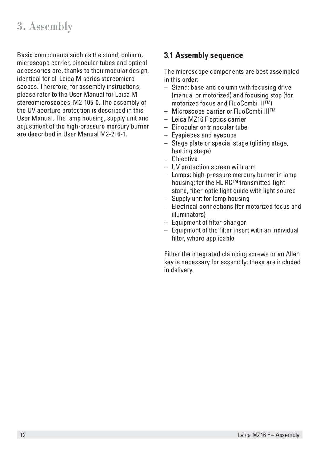 Leica MZ16 F user manual Assembly sequence, Microscope components are best assembled in this order 