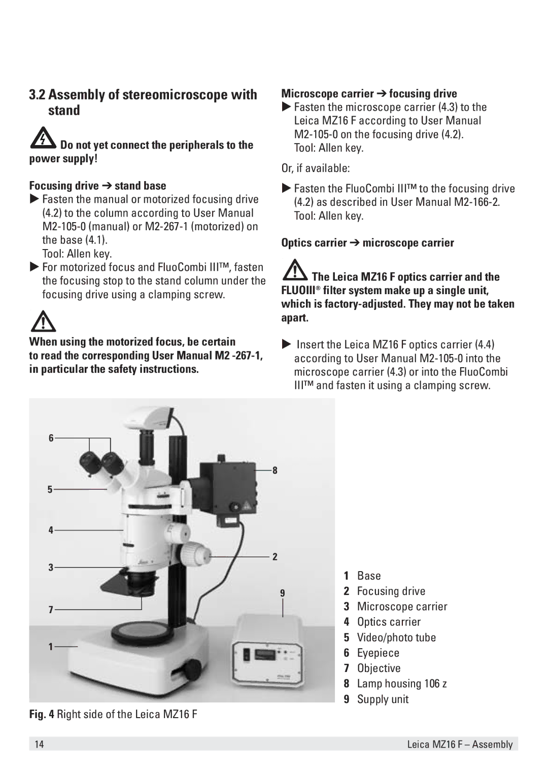 Leica MZ16 F user manual Assembly of stereomicroscope with stand 