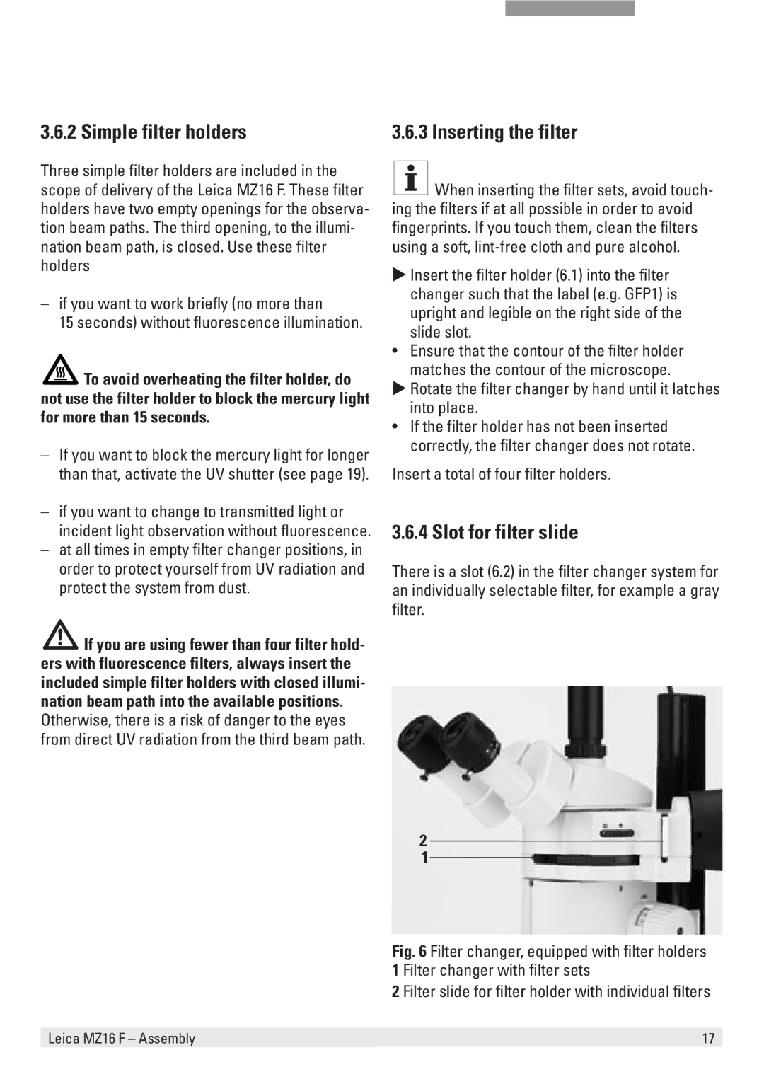 Leica MZ16 F Simple filter holders, Slot for filter slide, Inserting the filter, Insert a total of four filter holders 