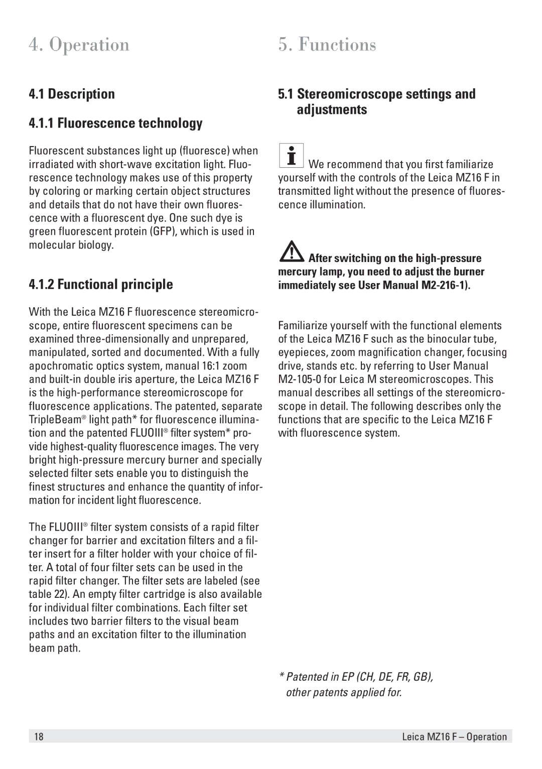 Leica MZ16 F user manual Operation, Description Fluorescence technology, Functional principle 