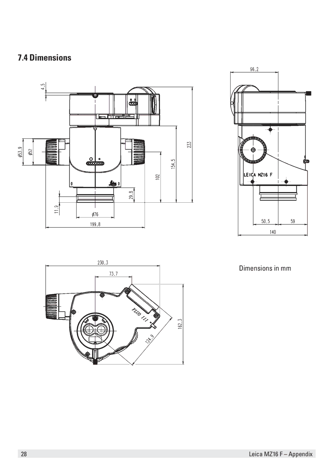 Leica MZ16 F user manual Dimensions in mm 