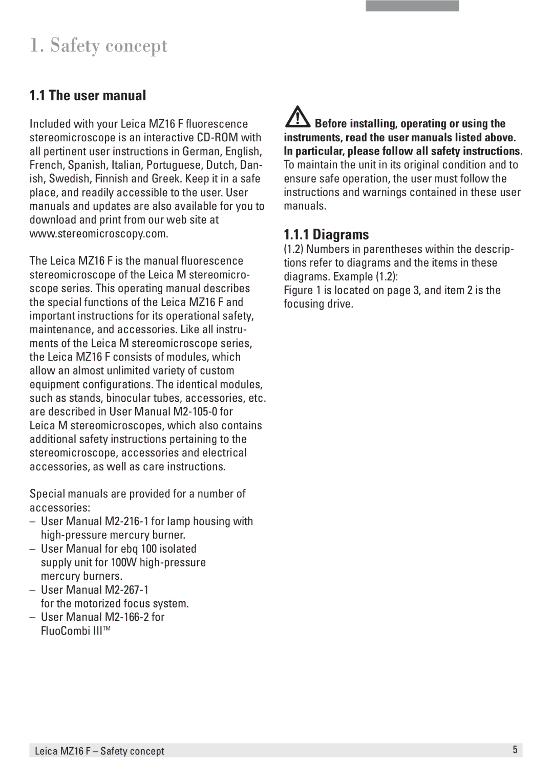 Leica MZ16 F user manual Safety concept, Diagrams 