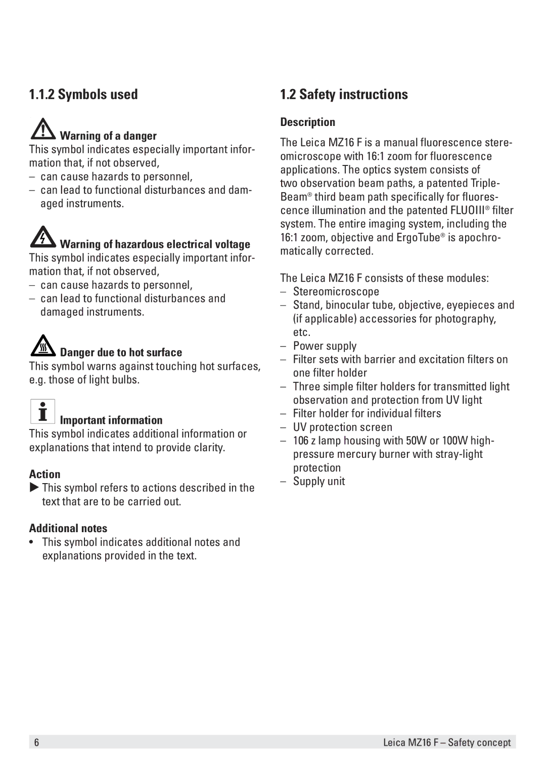 Leica MZ16 F user manual Symbols used, Safety instructions 