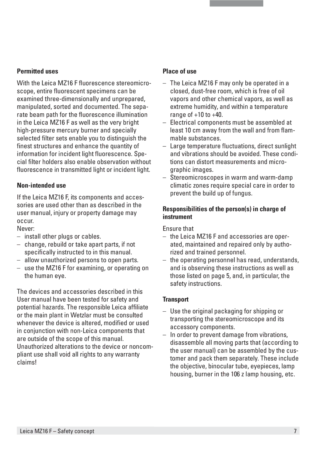 Leica MZ16 F Permitted uses, Non-intended use, Place of use, Responsibilities of the persons in charge of instrument 