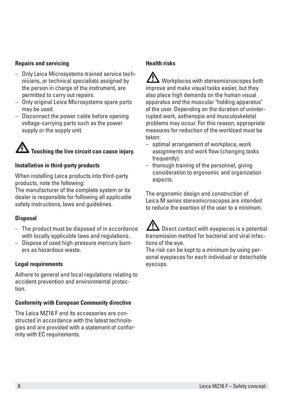 Leica MZ16 F Repairs and servicing, Installation in third-party products, Disposal, Legal requirements, Health risks 