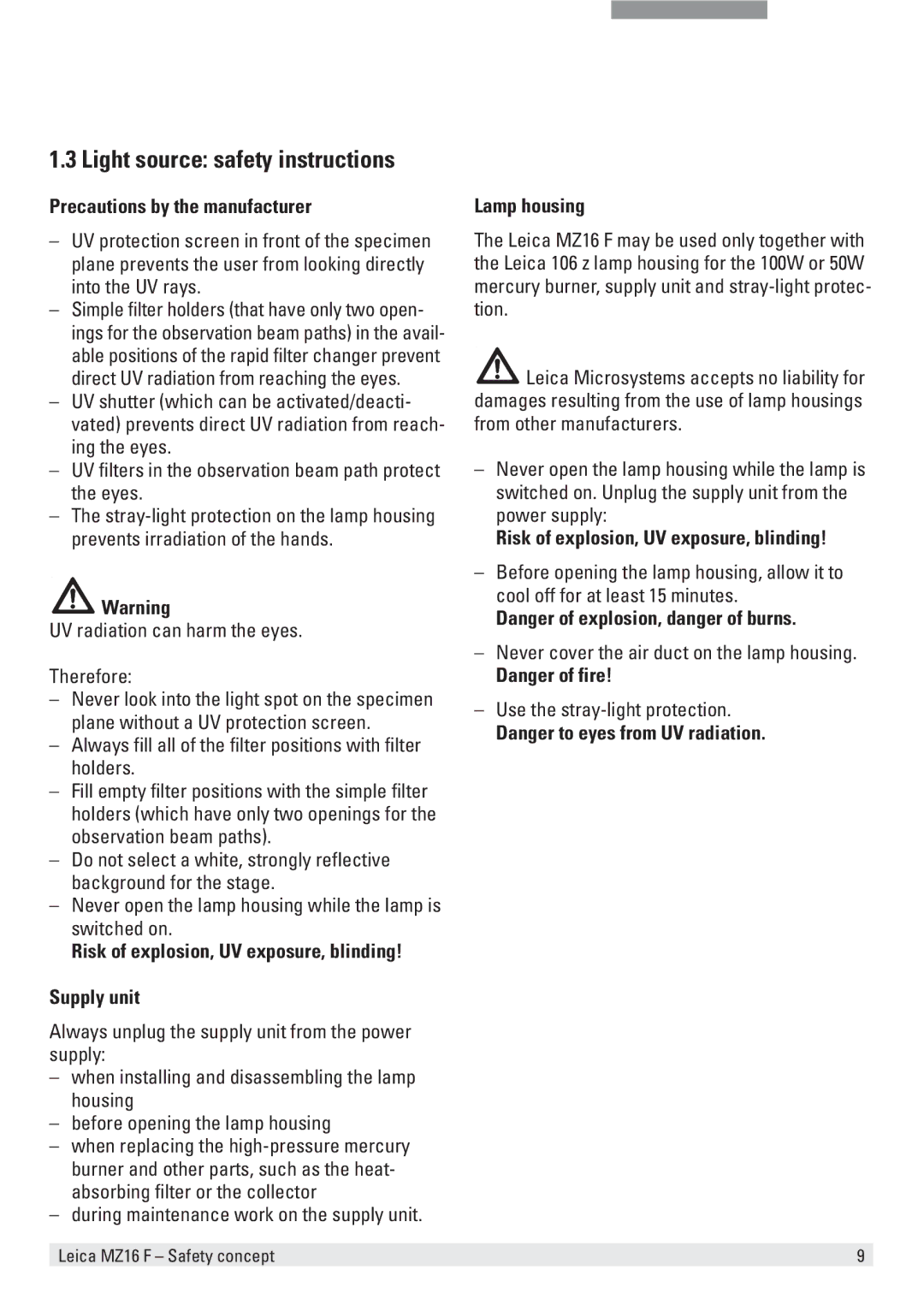 Leica MZ16 F user manual Light source safety instructions, Precautions by the manufacturer, Lamp housing 