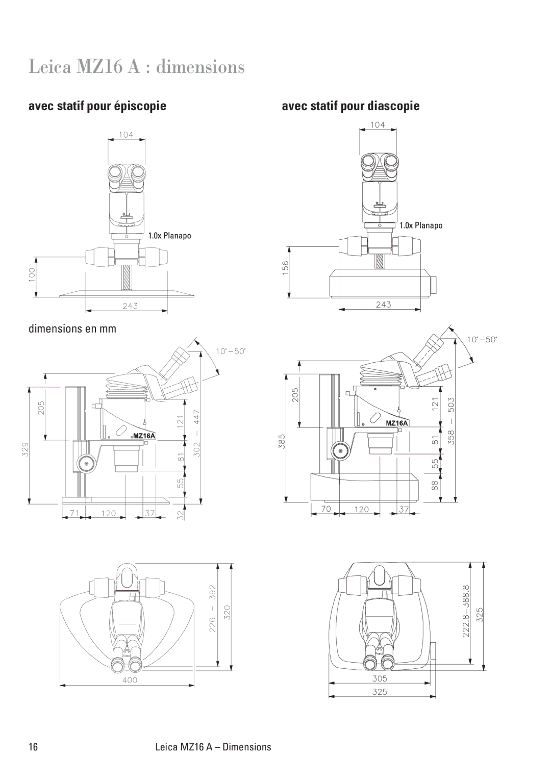 Leica MZ16A manuel dutilisation Leica MZ16 a dimensions, Dimensions en mm 