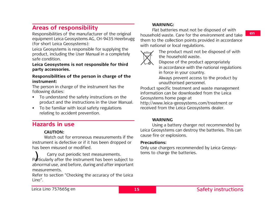 Leica P3, L2P5 manual Areas of responsibility, Hazards in use, Precautions 