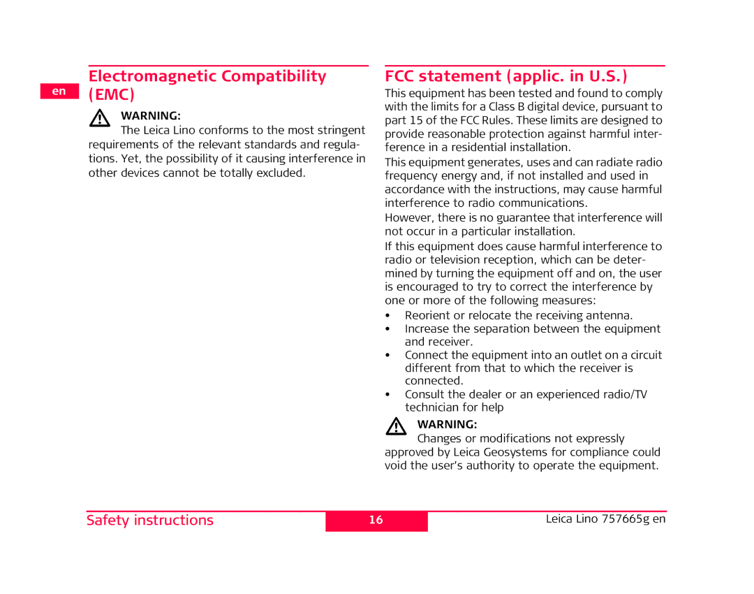 Leica P3, L2P5 manual Electromagnetic Compatibility en EMC, FCC statement applic. in U.S 