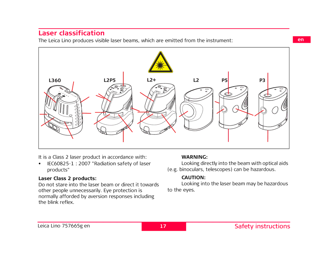 Leica P3, L2P5 manual Laser classification, Laser Class 2 products 