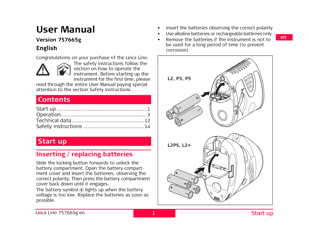 Leica manual Contents, Start up, Inserting / replacing batteries, L2, P3, P5, L2P5, L2+ 