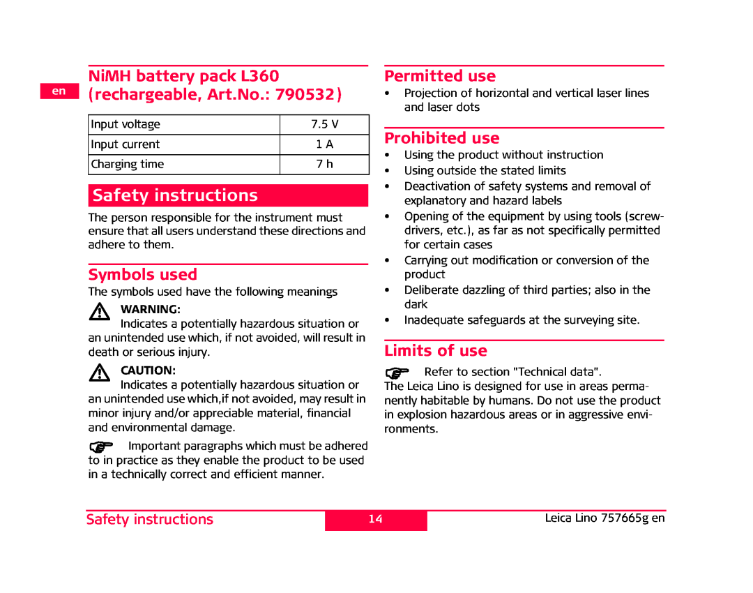 Leica L2P5 Safety instructions, NiMH battery pack L360 en rechargeable, Art.No, Symbols used, Permitted use, Limits of use 