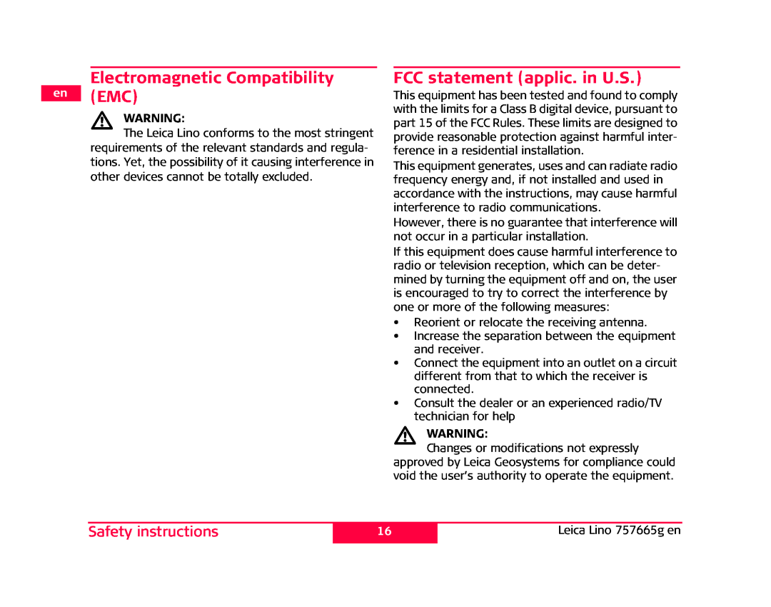 Leica P3, L2P5 manual Electromagnetic Compatibility en EMC, FCC statement applic. in U.S, Safety instructions 