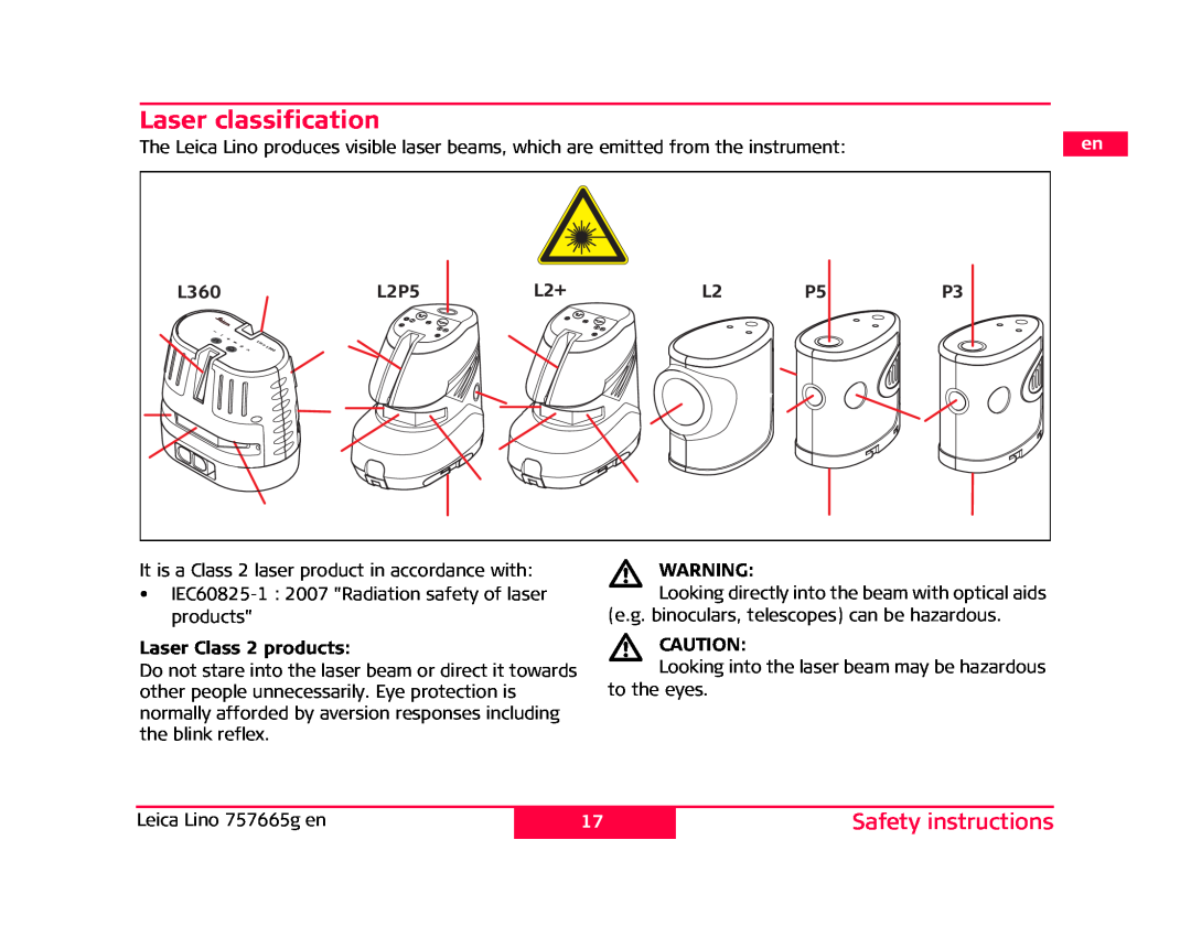 Leica P3, L2P5 manual Laser classification, Laser Class 2 products, Safety instructions 