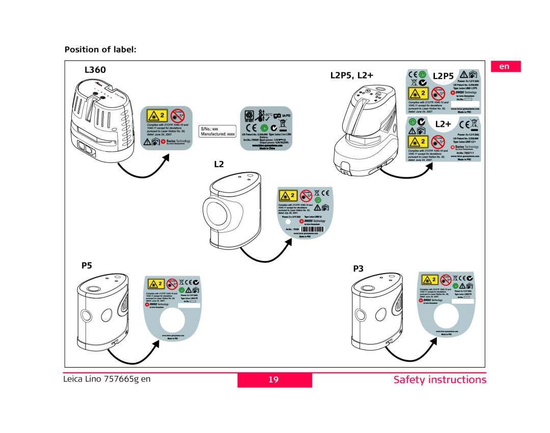 Leica P3, L2P5 manual Position of label, Safety instructions 