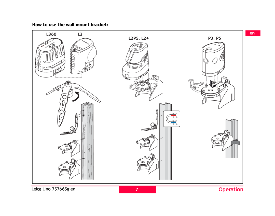 Leica P3, L2P5 manual How to use the wall mount bracket, Operation 