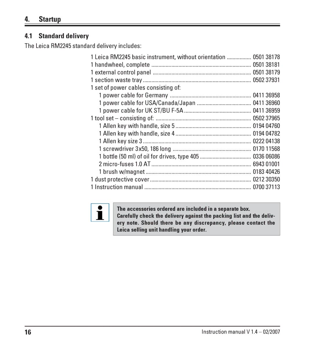 Leica RM2245 instruction manual Startup, Standard delivery 
