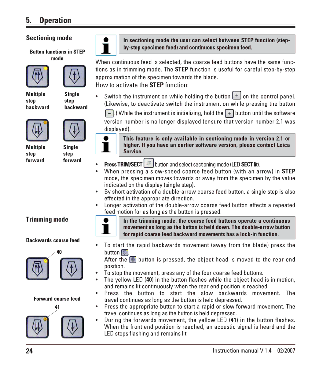 Leica RM2245 instruction manual Sectioning mode, Trimming mode, How to activate the Step function 