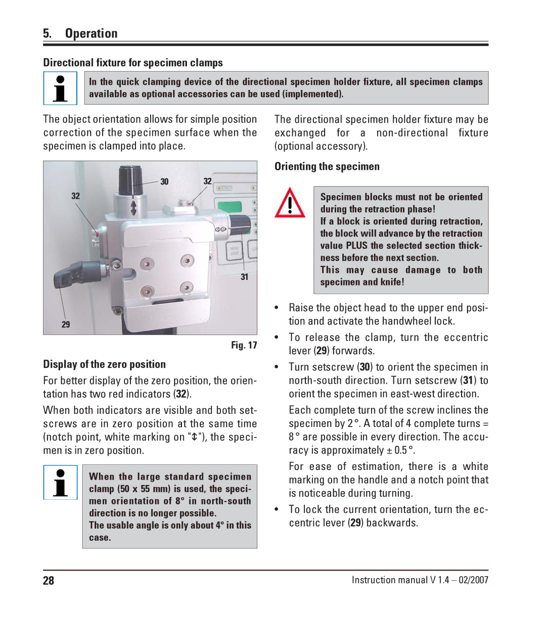 Leica RM2245 Directional fixture for specimen clamps, To release the clamp, turn the eccentric lever 29 forwards 