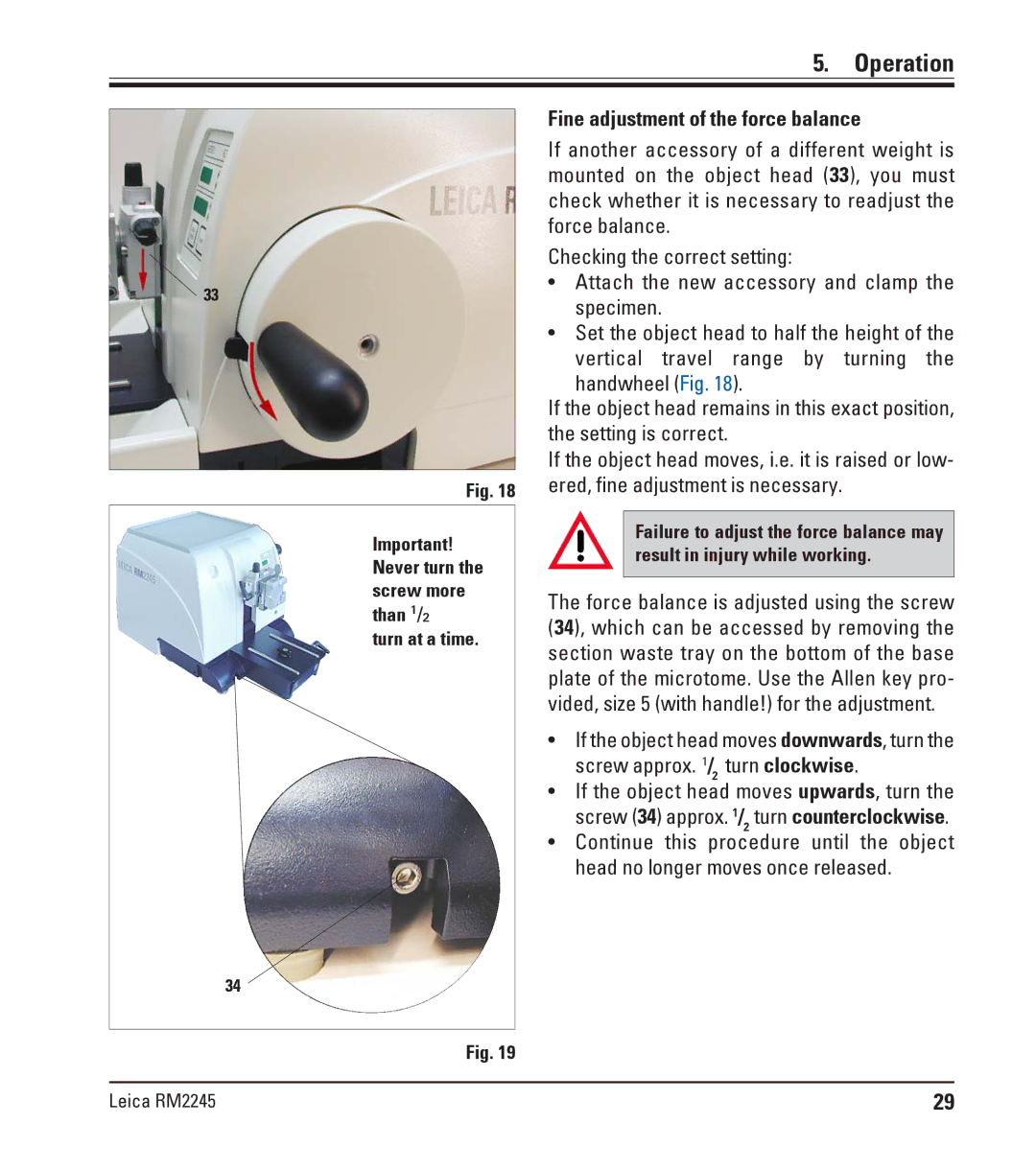 Leica RM2245 instruction manual Important! Never turn the screw more than 1/2 Turn at a time 