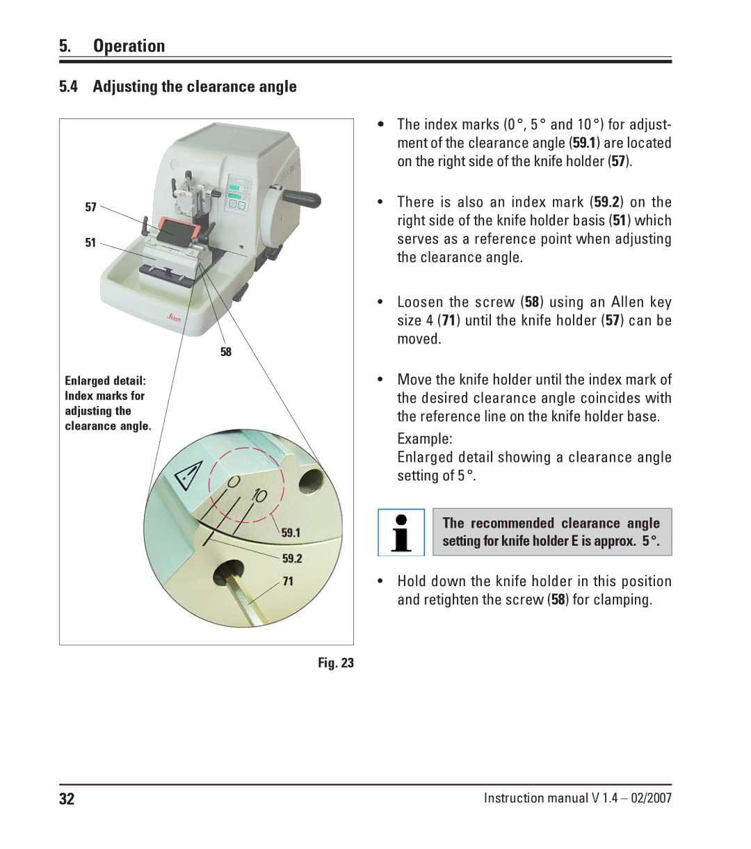 Leica RM2245 instruction manual Adjusting the clearance angle, Example Enlarged detail showing a clearance angle setting 