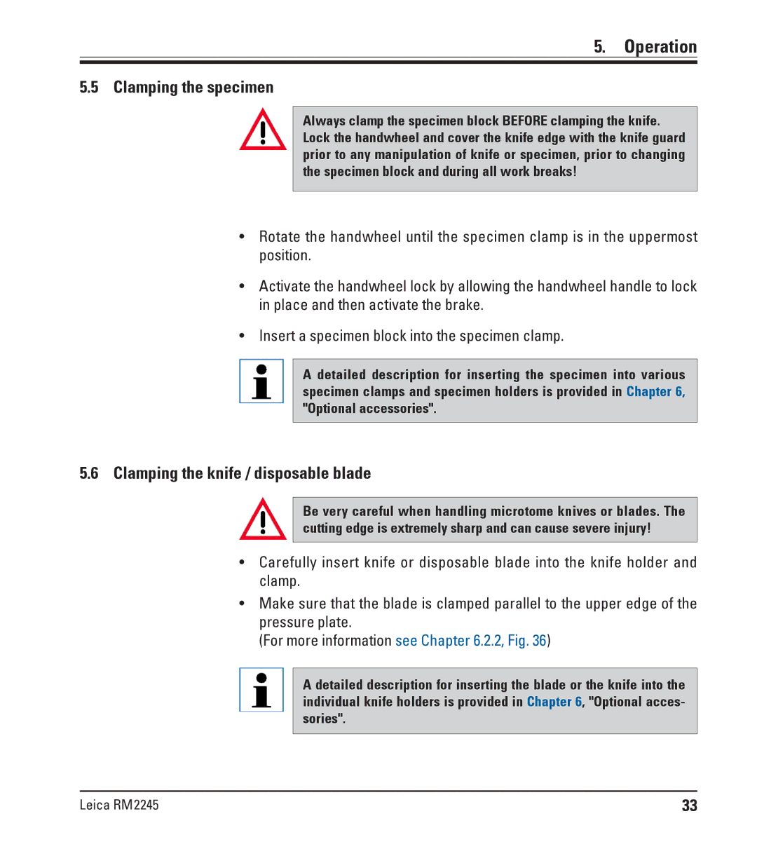 Leica RM2245 instruction manual Clamping the specimen, Clamping the knife / disposable blade 