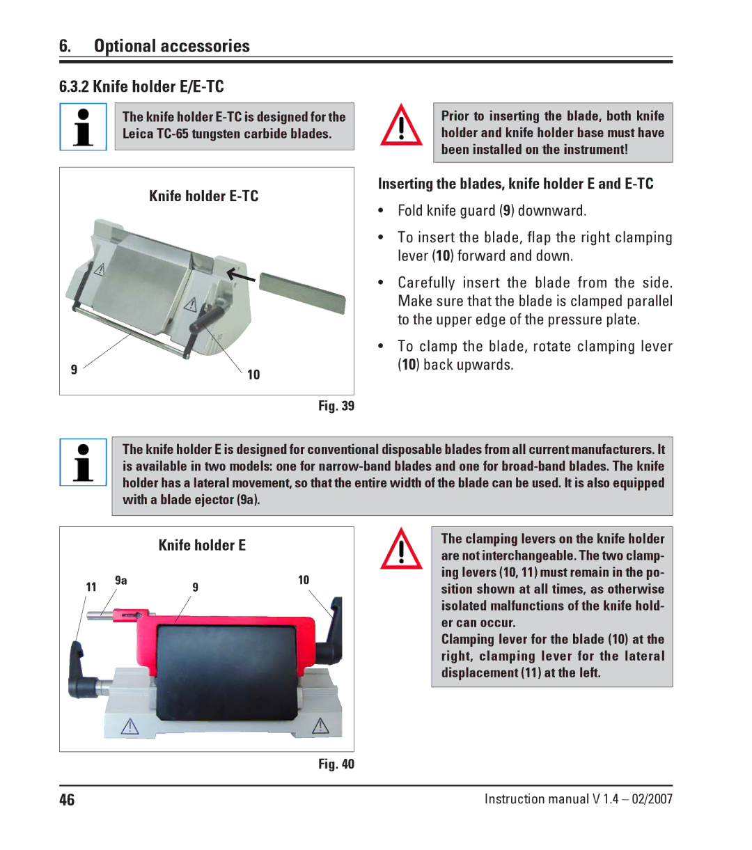 Leica RM2245 instruction manual Knife holder E/E-TC, To clamp the blade, rotate clamping lever 10 back upwards 