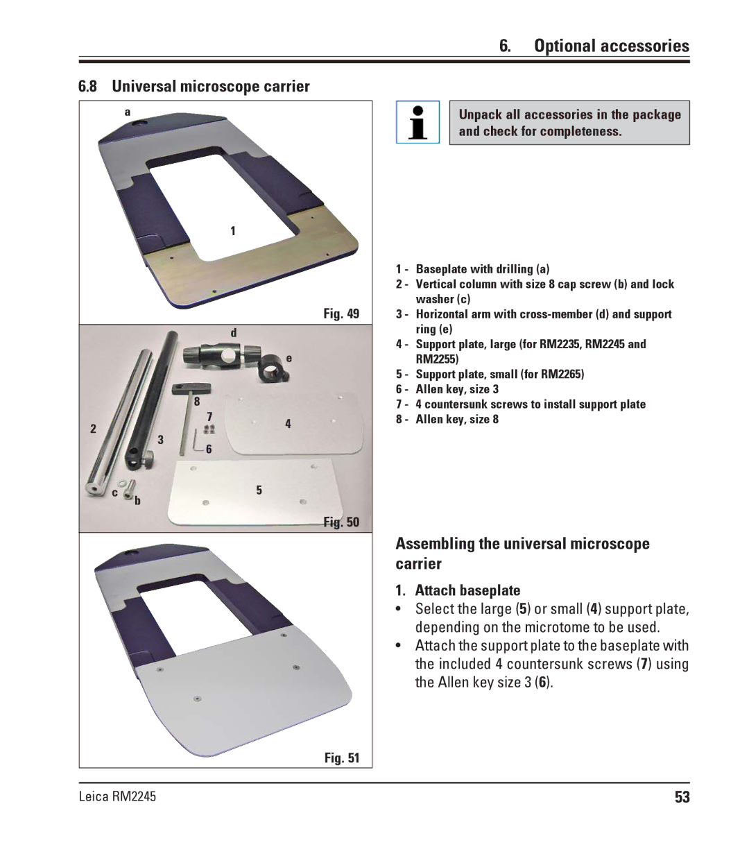 Leica RM2245 instruction manual Universal microscope carrier, Assembling the universal microscope carrier, Attach baseplate 