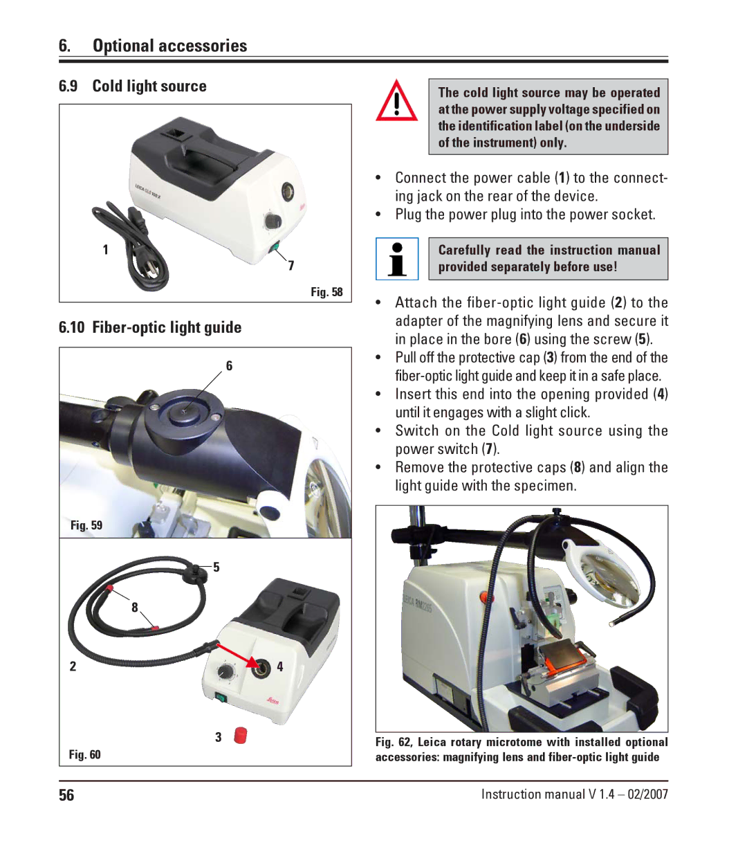 Leica RM2245 instruction manual Cold light source Fiber-optic light guide, Plug the power plug into the power socket 