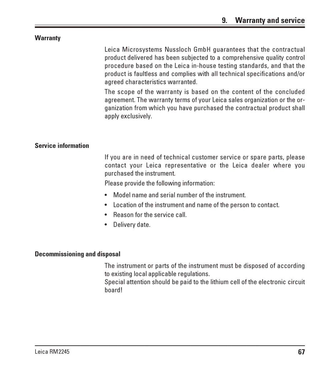 Leica RM2245 instruction manual Warranty and service 