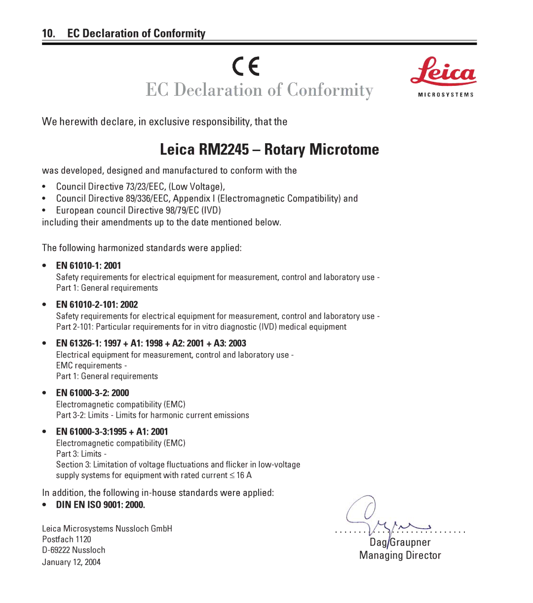 Leica RM2245 instruction manual EC Declaration of Conformity, We herewith declare, in exclusive responsibility, that 